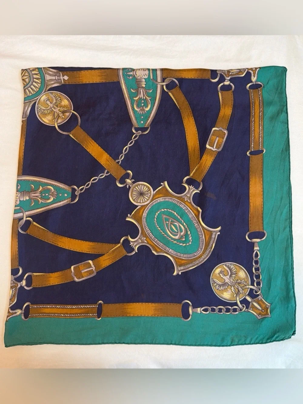 Navy & Teal Equestrian Print Silk-Feel Scarf